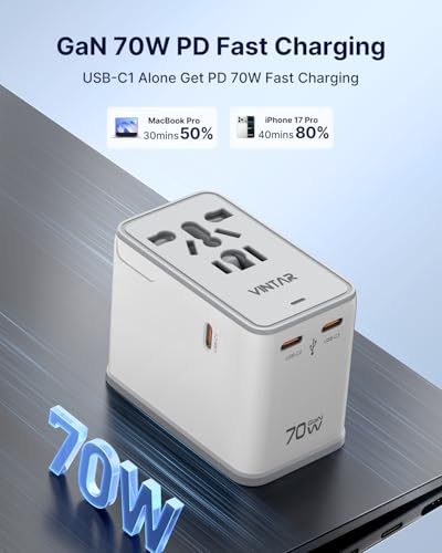 Image of VINTAR 70W GaN Universal Travel Adapter, 5 in 1 with 3 USB-C PD& 1 USB-A QC | International Power Adapter with 70W GaN Fast Charging, All-in-one for EU UK USA AUS, Worldwide Travel Essentials, White
