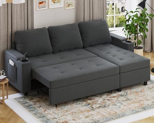 Devoko Sofá Cama Chaise Longue, Sofá de Salón Cheslong de 3 Plazas Convertible en Cama, con Almacenamiento Integrado y Portavasos, Sofá Chaise Longue en Forma de L con Tejido Suave Gris Oscuro