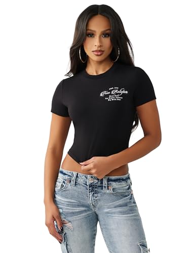 Image of True Religion Women’s Crystal Buddha Baby Tee, Jet Black, XL