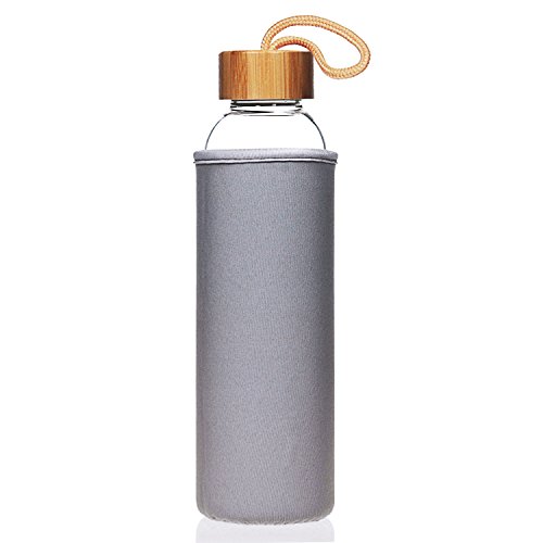 Life4u 1L/550ml Sport Trinkflasche Glas Borosilikatglas Wasser Flasche und Bambus Deckel 550ml