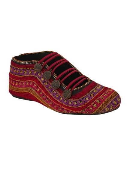 Handcrafted Bohemian Shoes, Burgundy Multi-Pattern, Decorative Stitching, Traditional Ethnic Style, Metal Button Details-image-14