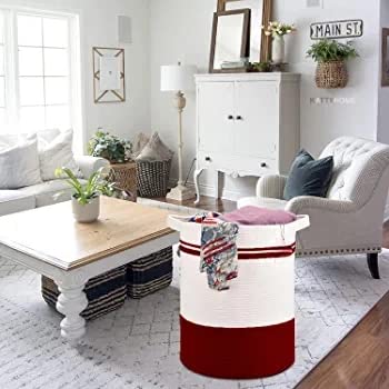 Image of Laundry Basket For Storage, High Storage Basket, Laundry Hamper With Handles, 15X 17, Cotton Rope Storage Hamper, Woven Laundry Baskat, Toy,Clothes And Woven Basket (Red)