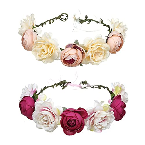 Dzmuero Bandeaux de Fleurs Couronne Fleur Cheveux Couronne de Fleurs pour Cheveux pour Femmes et Filles 2 Pièces (Rose et Champagne)