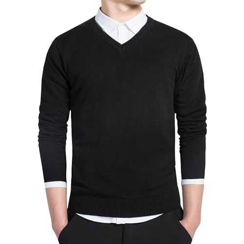 Men's V Neck Knitted Sweater Solid Color Male Long Sleeve Pullover Knit Casual Business Wool Knits Sweaters - Main Image