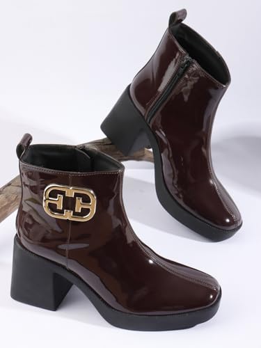 Image of ELLE Women's Glossy Platform Ankle Bootie Chunky Heel with Gold-Tone Emblem