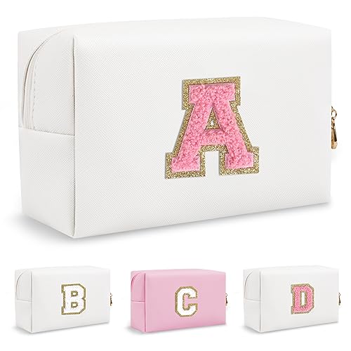 Personalized Initial Preppy Patch Makeup Bag, Small Travel Cute Cosmetic Pouch Makeup Case Toiletry Zipper Pouch, Monogram Waterproof PU Leather Chenille Letter Storage Bag Gift for Women(Letter A)