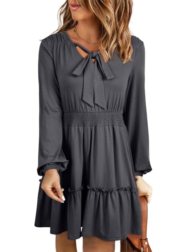 BLENCOT Womens Long Sleeve V Neck Tunic Dress Casual Loose Flowy Mini Tiered Swing Shift Dresses P2011 Grey Medium
