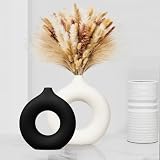 Juego de 2 jarrones de cerámica minimalistas modernos, diseño hueco redondo blanco y negro para el hogar, sala de estar, dormitorio, cocina, estante, oficina, hierba de las pampas, flores secas,