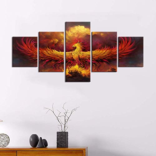 5 Piece Painting On Canvas Burning Phoenix Drawn In Heraldic Style Fire Phoenix Wall Art Vintage Pictures Print Artwork Home Decor For Living Room Giclee Framed Stretched Ready To Hang(50''Wx24''H) #TOP1