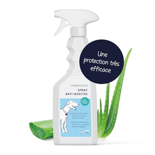 Hundepflege24 Spray Anti Tique et Anti Puces Chien 500ml - Protection hautement Efficace Contre Les tiques, puces & acariens pour Les Chiens avec du géraniol et de l'aloe Vera - Action immédiate