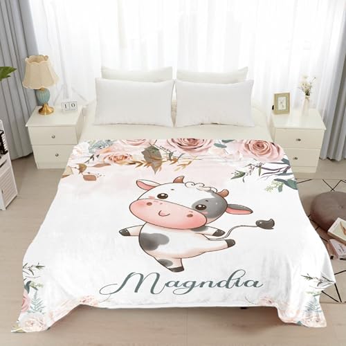 Image of Cute Cow Throw Blankets with Name, Personalized Cow Gifts for Boys Baby, Soft Flannel Animal Blankets,40 inchx50 inch for Kids