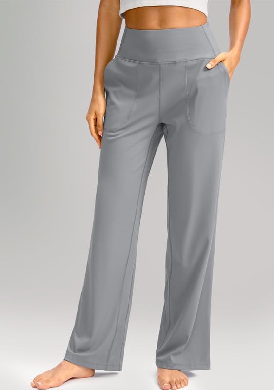 Soothfeel Wide Leg Pants for Women Yoga Work Pants with Pockets High Waist Lounge Sweatpants Dress Pants Petite/Tall 30"(Light Grey, XL) - Image 2
