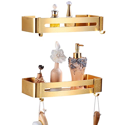 Coolnice 2 Pack Shower Caddy Shelf Organizer Aluminum Rectangle Shower Shelf With 4 Hooks Wall Mount Bathroom Shelf For Bathroom Toilet Kitchen No Need Drilling With Adhesive-Orange #TOP6
