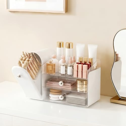 lurcns Makeup Organizer with Dustproof Brush Holder for Vanity, Large Cosmetics Organizer and Bathroom Countertop Skincare Storage with 2 Clear Drawers for Lipstick, Perfume, Eyeshadow Palettes,White — view 2
