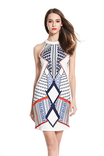 VertHome Sleeveless Halter Neck Mini Dress Geometric Pattern Sheath Dress White