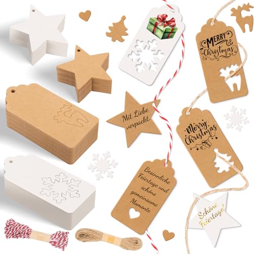 Orifinter Geschenkanhänger Weihnachten, 100 Stück Weihnachtsanhänger, Anhänger Weihnachten in 6 verschiedenen Formen, Perfekt für Geschenkband, Geschenk, Likörflaschen, Stempel, Geschenktüten