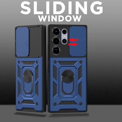 Image of Pikkme Back Cover for Samsung Galaxy S25 Ultra 5G | 360 Protection Case | Sliding Camera Shield Cover & Ring Holder Stand D10 Tough Armor Bumper Case (Blue)