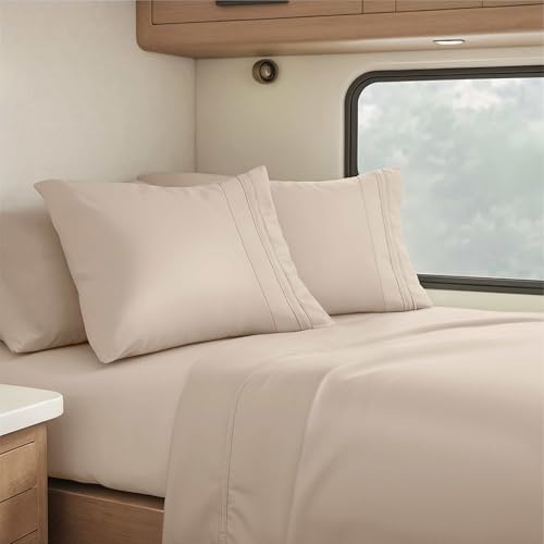 Nestl Beige Cream Short Queen Sheets for RV, Hotel Luxury RV Queen Sheets Set, 4 Piece Fitted Bed Sheet Set and Pillowcases, Super Soft, Wrinkle-Free, and Breathable Camper Bedding