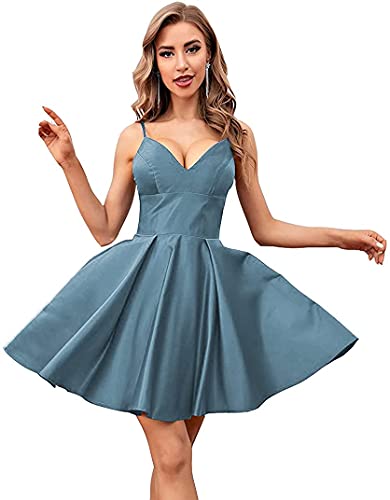 Yangprom Women's Short Homecoming Dress Spaghetti Straps Satin Ball Gown Prom Dress with Pockets Dusty Blue Yangprom Women's Short Homecoming Dress Spaghetti Straps Satin Ball Gown Prom Dress with Pockets Dusty Blue