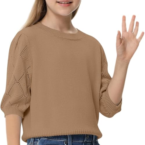 Girls' mid Sleeve Knitted Sweater with Bubble Sleeves Design, Comfortable and Breathable, Versatile Sweater4