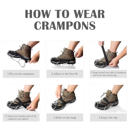 Crampons Ice Cleats Traction Snow Grips for Boots Shoes Women Men Anti Slip 19 Stainless Steel Spikes Safe Protect for Hiking Fishing Walking Climbing Mountaineering (Black,M)