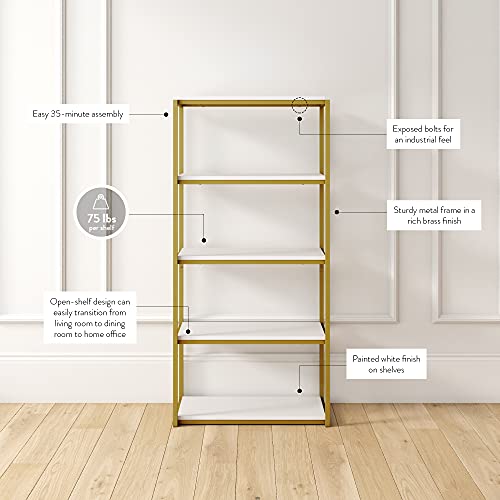 Nathan James Oscar Modern 5-Shelf Bookcase Industrial Bookshelf With Metal Frame And Wood Storage Shelves, Etagere, Gold/White #TOP2