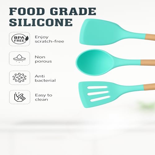 Image of Sakoraware Silicone Spatula Set with Wooden Handle Kitchen Tools Mixing | Serving Cooking Spoon | Turner | Soup Ladle | Non-Stick | BPA Free Kitchen Tool Set of 3 (Green)