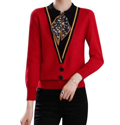 Image of LAI MENG FIVE CATS Women's Fall Tie Neck Sweater Shirt Long Sleeve Patchwork Knit Retro Pullover Tops