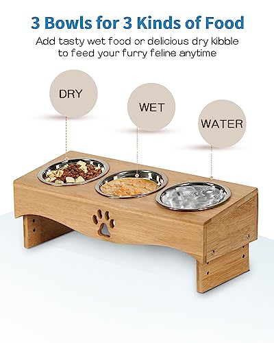 Jazuiha Elevated Cat Food Bowls,Raised Tilted Cat Bowl Stand Set Of 3, Cat Feeding Station With Wooden Stand For Multiple Cats And Small Dog (Bamboo Wood Color) #TOP1
