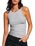 Artfish Women's Sleeveless Full Length Ribbed Fitted Racerback Workout Crew High Neck Basic Tank Top (Heather Grey, M)