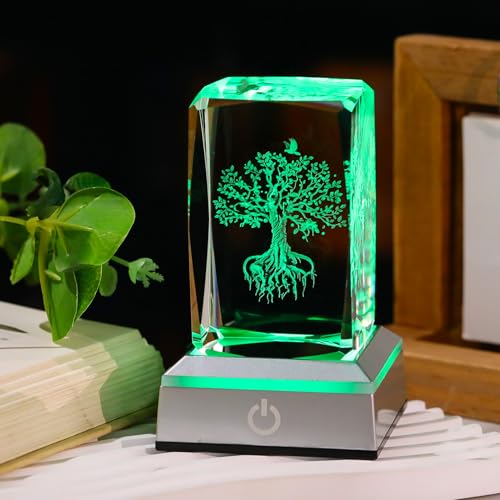 Image of Tree of Life Crystal Cube - 3D Laser Engraved Color Changing LED Light Base | Premium Home Desk Decor, Spiritual Gifts for Women Men, Night Light & Paperweight