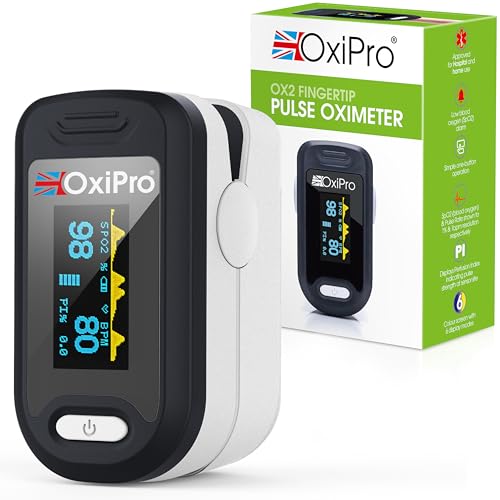 OxiPro OX2 - CE Certified - MHRA Registered Pulse Oximeter/Blood Oxygen Monitor - Finger Oxygen Saturation Monitor/SATS Monitor SpO2 - UK Approved Medical Device