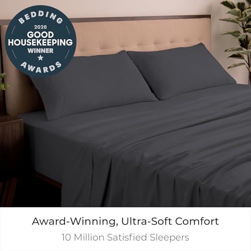 Image of Mellanni California King Sheets Set - 4 PC Iconic Collection Bedding | Hotel Luxury, Extra Soft, Cooling Bed Sheets - Wrinkle, Fade, Stain Resistant (Cal King, Charcoal)