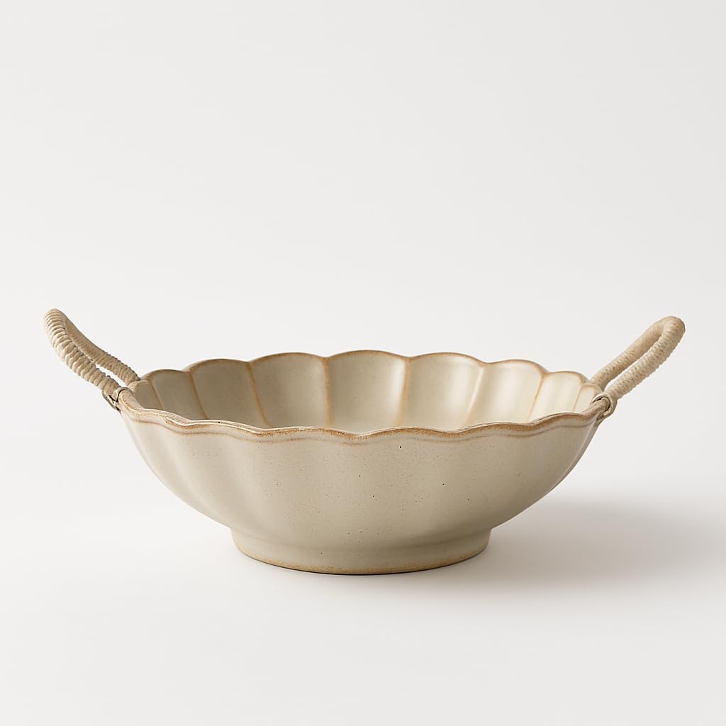 7.7inch Small Vintage Scalloped Ceramic Bowl with Rope Handles, Retro Style Glazed Purse Bowl for Serving Fruit,Salad,Table Centerpiece Decor (Yellow)