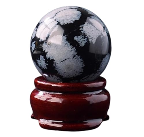 Snowflake Obsidian Crystal Ball, Office Decor Crystal Feng Shui Ball with Wooden Base, Stone Sphere Prop for Home Decor Crystal 