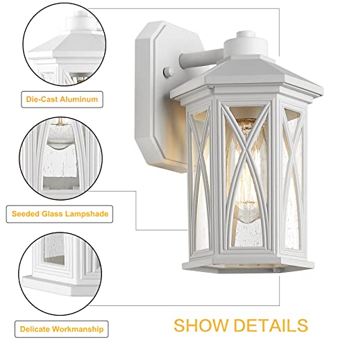 Hopejoy Exterior Light Fixture, 11.3" H White Front Porch Light Wall Mount With Clear Seeded Glass, Anti-Rust Aluminum Outdoor Wall Lights Lantern For Garage Patio Doorway(2 Pack, Sand White) #TOP2