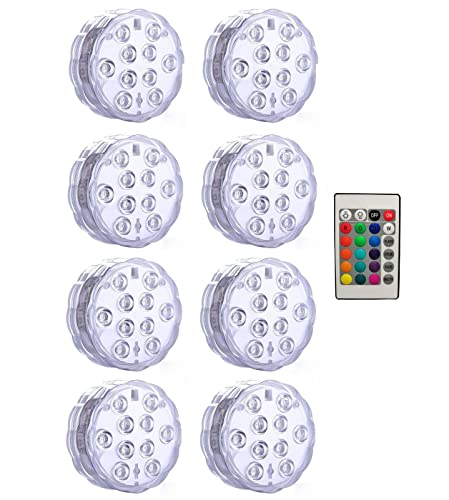 GQSSEFQCH Lampada da notte subacquea a led da 10 led RGB a batteria da immersione Lampada da notte for piscina da giardino for la ciotola del vaso della festa nuziale(1 controller 8 Lamp)