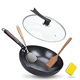 Carbon Steel Wok Pan with Lid and Handle 12.5'', Zgioo Nonstick Wok Stir-Fry Pan Traditional Chinese Wok with 2 Spatulas &1 Scrub Sponge Suits for All Stoves(Electric,Gas,Induction,etc)-Flat Bottom