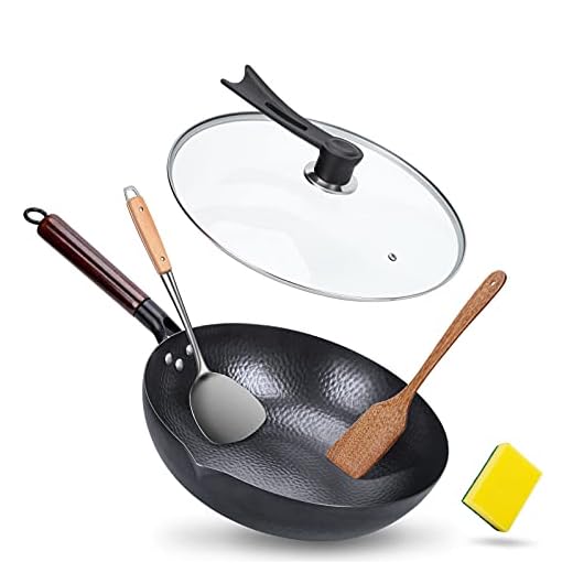 Carbon Steel Wok Pan with Lid and Handle 12.5'', Zgioo Nonstick Wok Stir-Fry Pan Traditional Chinese Wok with 2 Spatulas &1 Scrub Sponge Suits for All Stoves(Electric,Gas,Induction,etc)-Flat Bottom