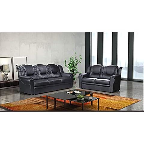 Black Faux Leather Sofa Set with High Back Cover