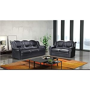 3 2 Seater Sofa Set Living Room Suite Faux Leather Black Foam Seats High Back Settee Large Couch