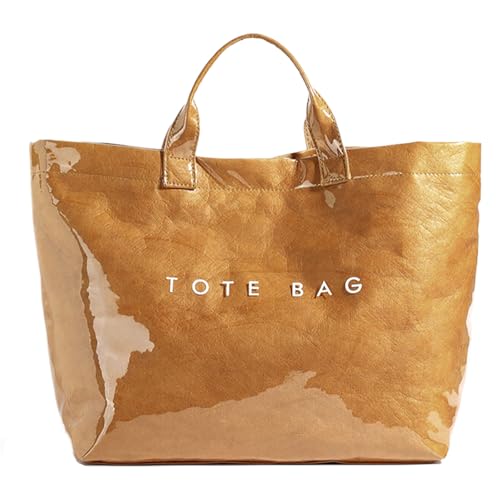 Image of PVC Tote Bag for Women Solid Color Large Letter Print Tote Bag Kraft Paper Clear Plastic Handbag Top Handle Bag(Brown)