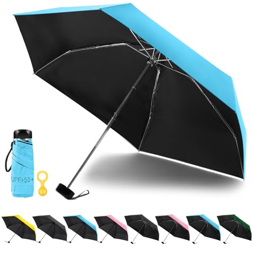 Vicloon Mini Regenschirm, Taschenschirme mit Regenschirmhaken, 6 Rippen, Aluminium Schirmständer, Sonnenschutz Im Freien UV Faltender Regenschirm, Goldener Griff, Leicht Kompakt - Blau
