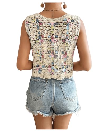 GORGLITTER Strickweste Damen Leicht Kurz Vintage Weste Ärmellos Jacke Stickerei Weste Häkeln Cardigan Herbst Weste Mit Knöpfen Beige L