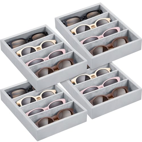 Amylove 4 Pcs Gray Sunglass Organizer Trays 4 Grids Velvet Glasses Holder Jewelry Display Organizer Eyeglasses Storage Box Drawer