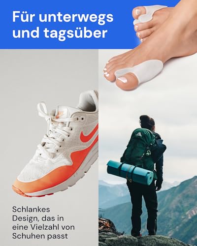 YOGAMEDIC Hallux Valgus Korrektur Set - 2 Zehenspreizer & 2 Hallux Valgus Schiene - 0% BPA Zehentrenner Einlagen für Schuhe, Hammerzehen Korrektur, Zehenschutz Tag & Nacht Bandage für Damen & Herren