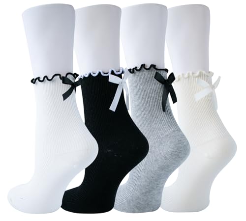 Image of Womens Bow Socks Ruffle Casual Crew Black Whitte Soft Breathable Cotton 4 Pairs Socks