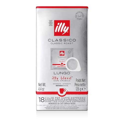 illy, Café en Cápsulas E.S.E Monodosis Tostado CLASSICO Lungo, 100% Arábica con Notas de Azahar y Jazmín, Sabor Suave y Sabor Final Dulce, 1 Paquete de 18 Cápsulas Compostables