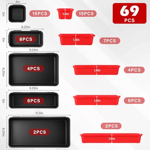 Image of TOOLEAGUE 69Pcs & 5 Sizes Tool Box Organizer with 15Lb Magnetic Pickup Pen | Drawer Organizer Tray Set, Garage Organization and Storage Workshop Rolling Tool Chest WorkBench Small Part(Black, Red)