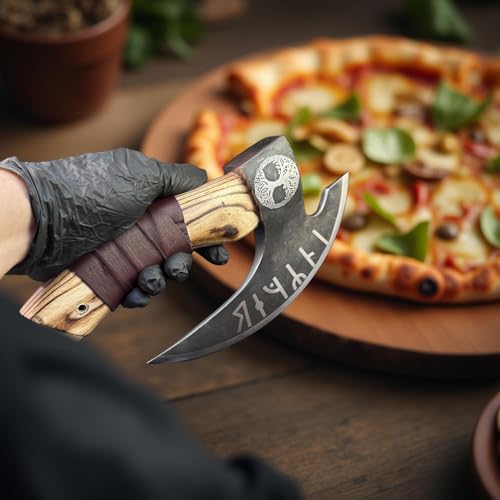 Jayger Artisan Carbon Steel Pizza Cutter | Viking-Style Slicer with Ash Wood Handle & Leather Wrap | Norse Rune Design | Sturdy Blade & Leather Sheath - Image 3
